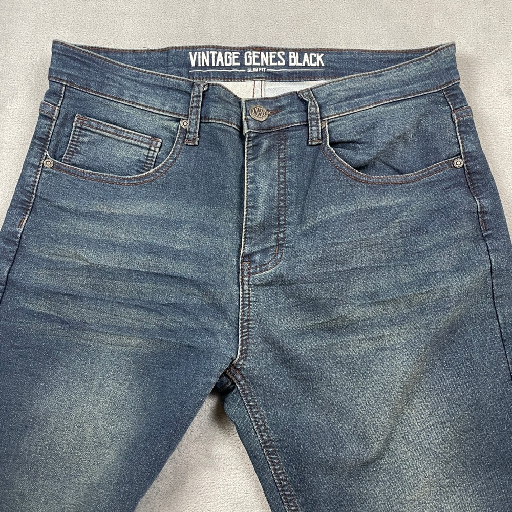 Vintage Genes Black Men's Slim Fit Jeans Blue Medium Wash Stretch 33x32 Casual - Picture 10 of 16